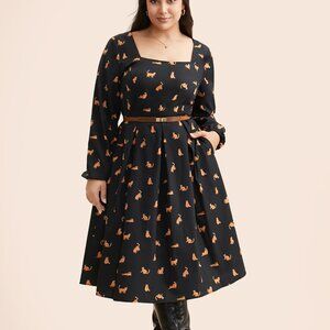 BLOOMCHIC Square Neck Cat Print Pleated Dress Size 3X